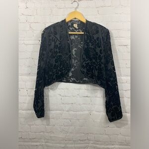 Vintage Hampton Nites Burnout Floral Black Velour Cropped Bolero Jacket Size 14